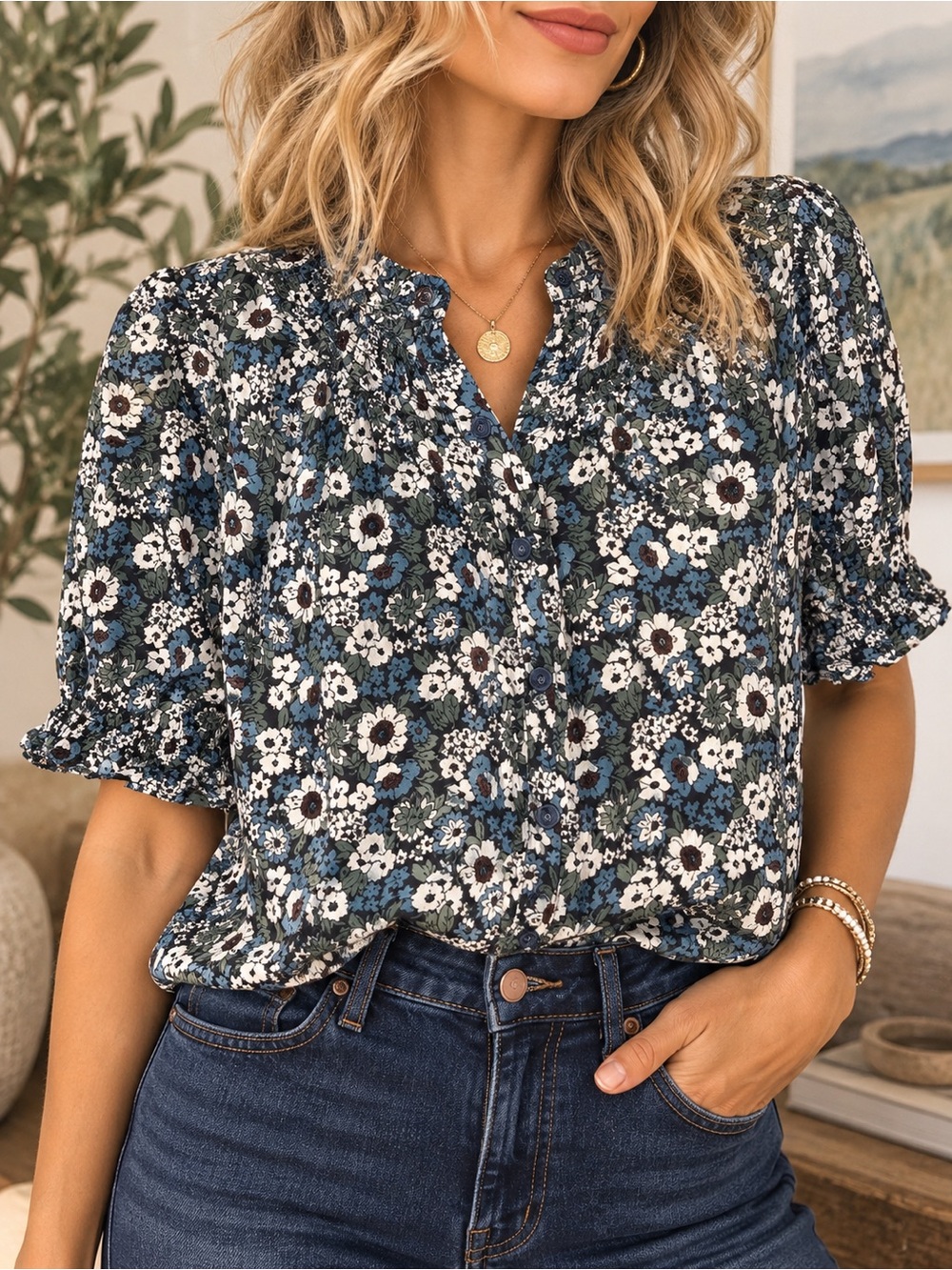 Boden Floral Silk Blend Button Front Blouse US 10 Blue Green Cottagecore #601
